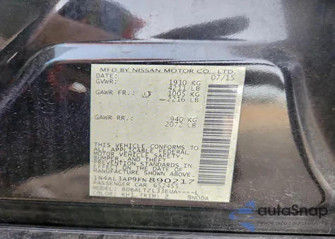 2015 Nissan Altima 2.5 z USA, uszkodzony, nr VIN 1N4AL3AP9FN890217